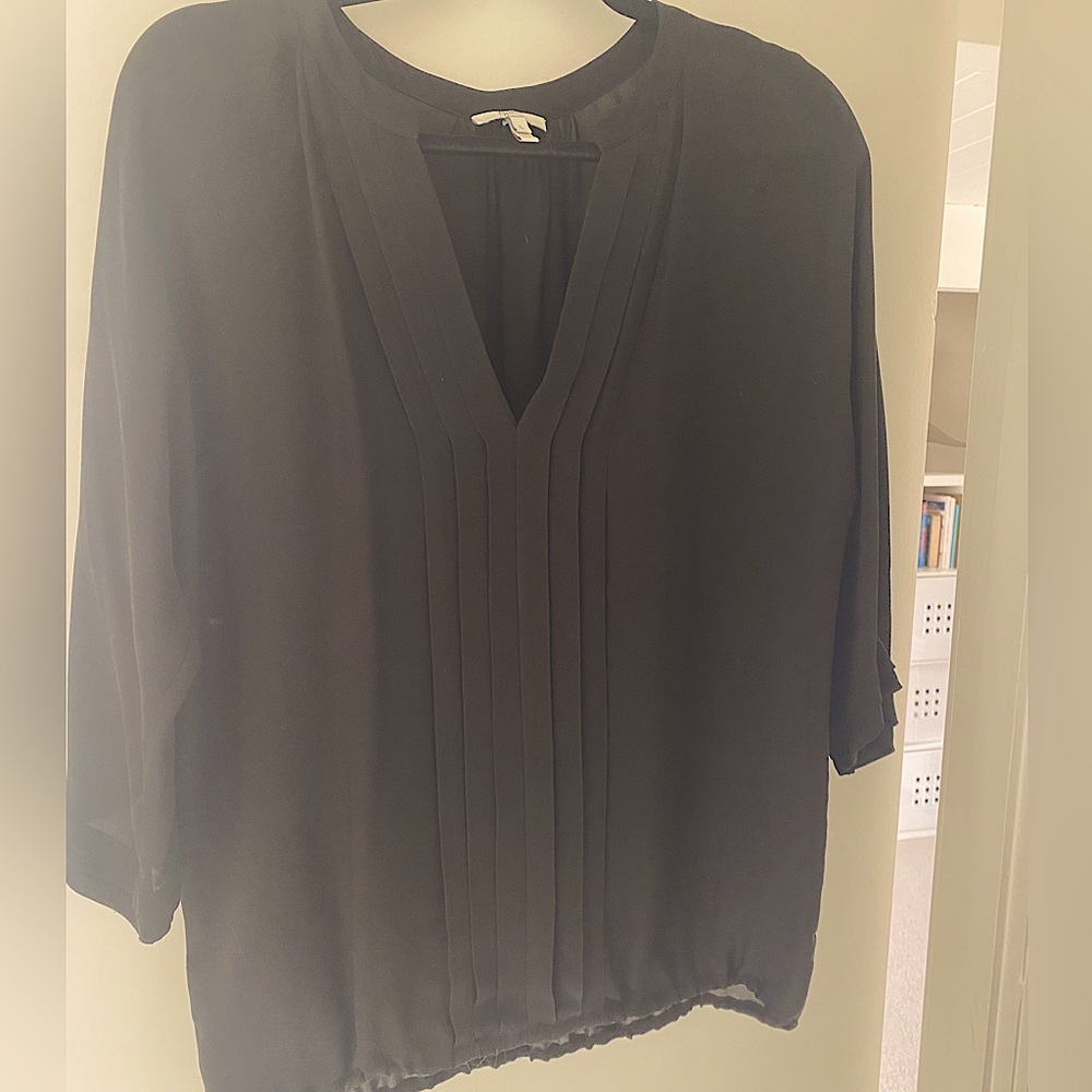 Joie black silk, elastic waist, paneled V-neck top , 3/4 sleeves